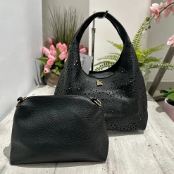 Perforated Faux Leather Bag with Purse and Shoulder Strap Included Ins