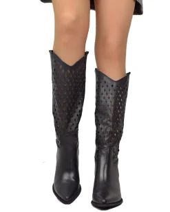 Perforated Honeycomb Cowboy Boots – Wide Fit, Black Leather