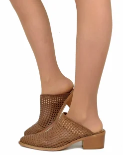 Perforated Leather Mules – 4 cm Heel, Made in Italy, Tan