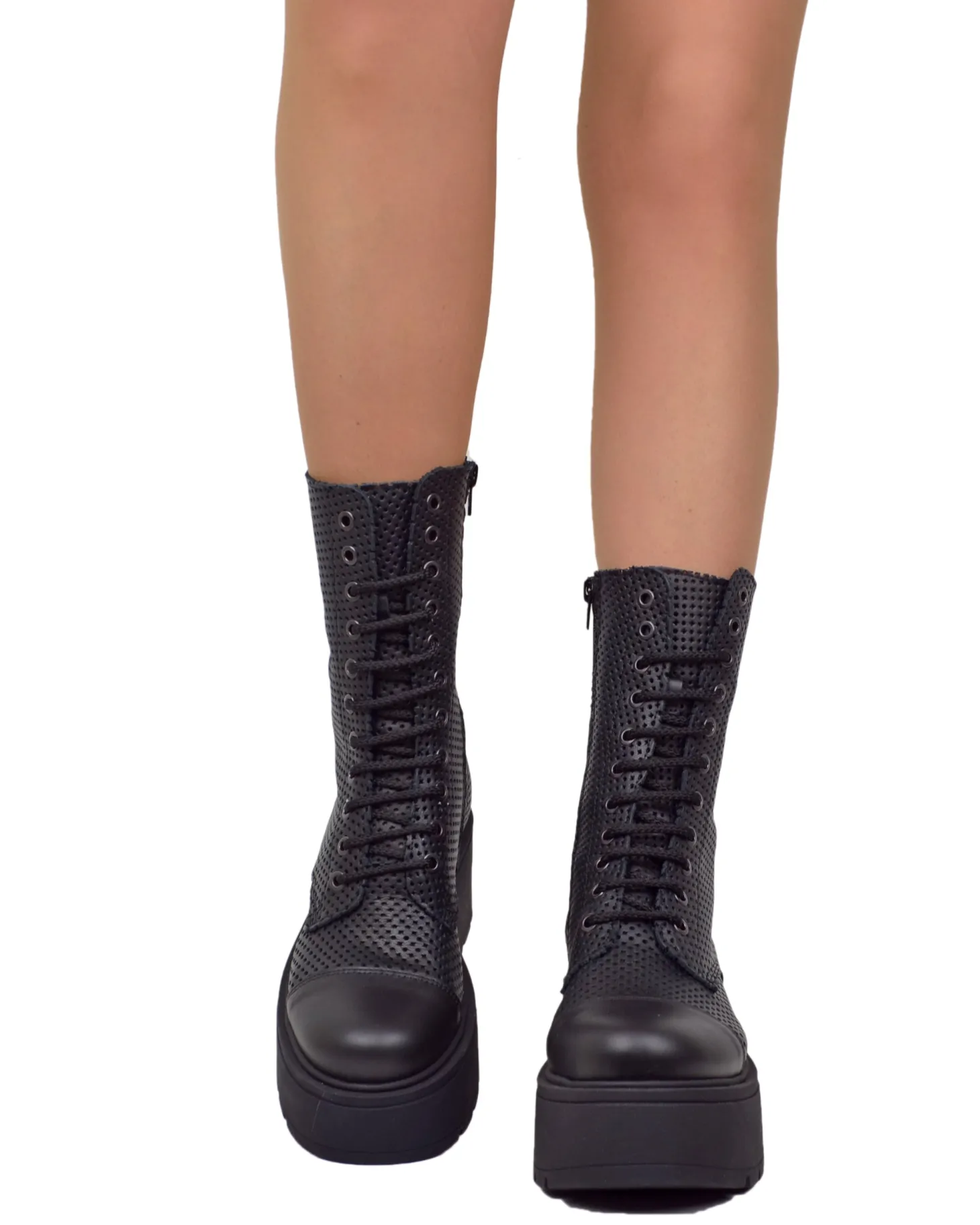 Perforated Platform Combat Boots – Summer Edition, Genuine Leather, Zi