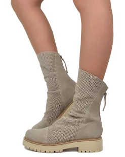 Perforated Summer Biker Boots with Back Zip, Slim Fit at Ankle, Beige