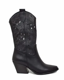 Perforated Summer Cowboy Boots – 7 cm Heel, Black Leather