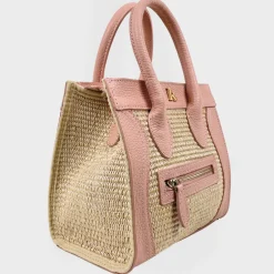 Pink Raffia and Leather Handbag with Front Pocket