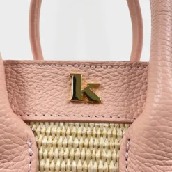 Pink Raffia and Leather Handbag with Front Pocket