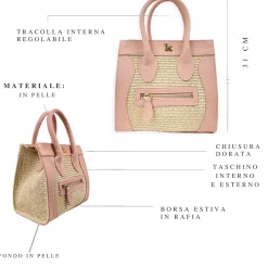 Pink Raffia and Leather Handbag with Front Pocket