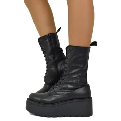 Platform Ankle Boots Genuine Leather Soft Chunky MIDI Boots Black
