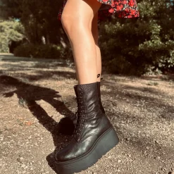 Platform Ankle Boots Genuine Leather Soft Chunky MIDI Boots Black