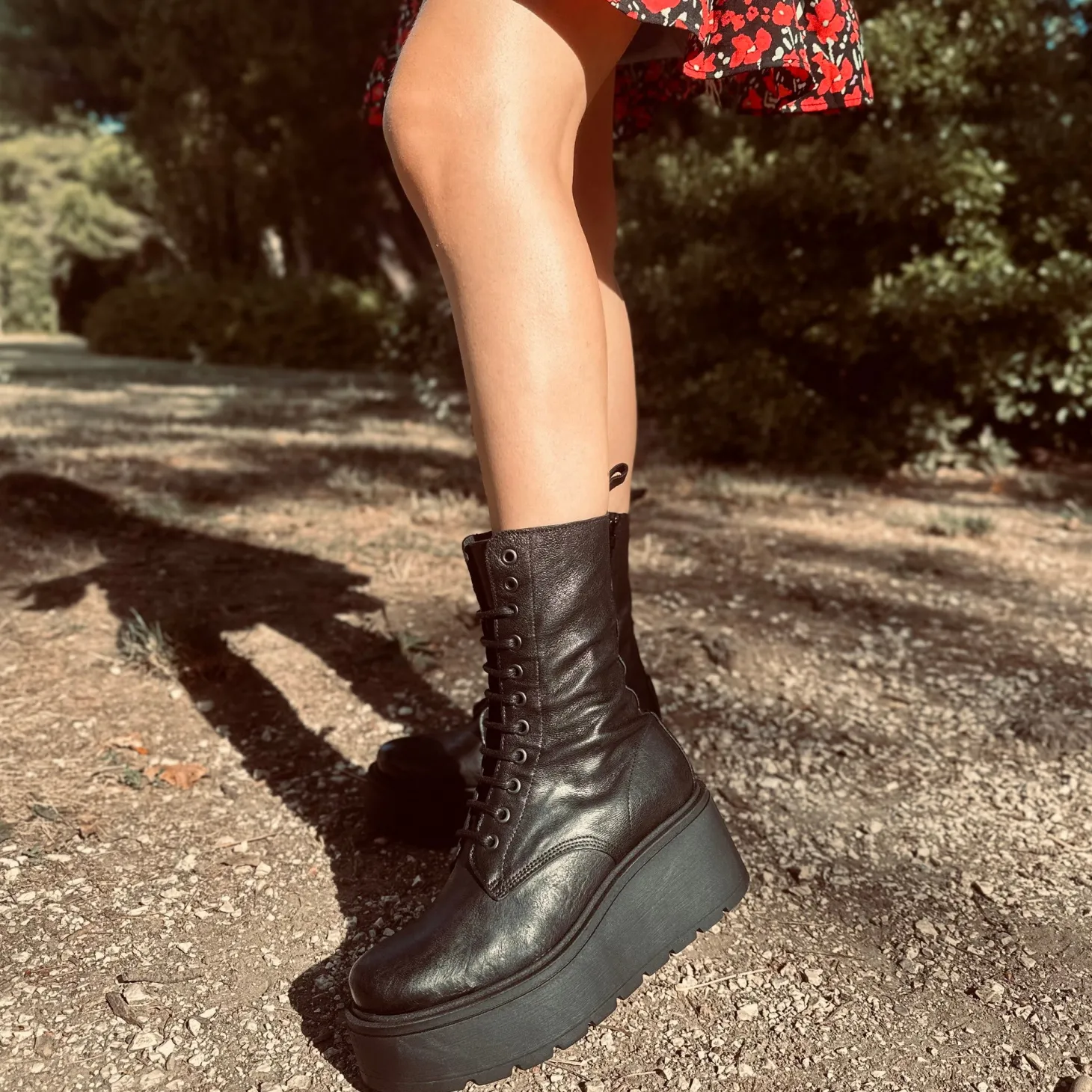 Platform Ankle Boots Genuine Leather Soft Chunky MIDI Boots Black