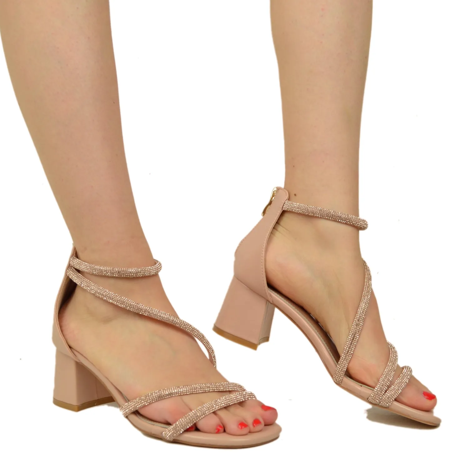 Powder-colored Women's Sandals with Medium Heel and Rhinestones
