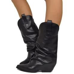 Real Leather Texan Boots Medium Shaft Black with Gaiter 7cm Heel