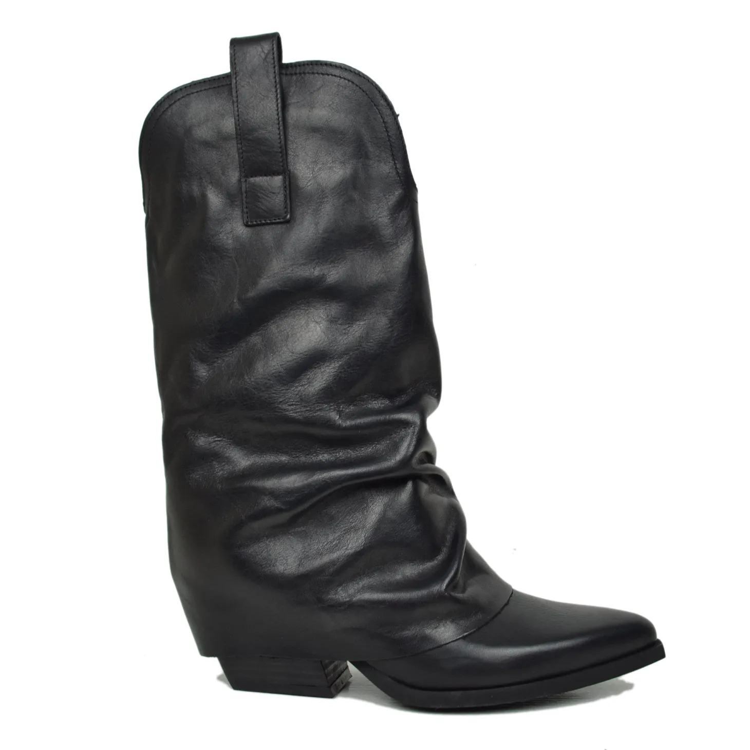 Real Leather Texan Boots Medium Shaft Black with Gaiter 7cm Heel