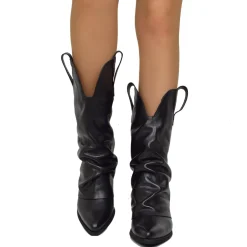 Real Leather Texan Boots Medium Shaft Black with Gaiter 7cm Heel