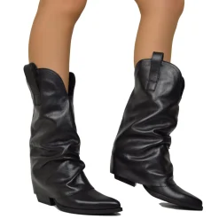 Real Leather Texan Boots Medium Shaft Black with Gaiter 7cm Heel