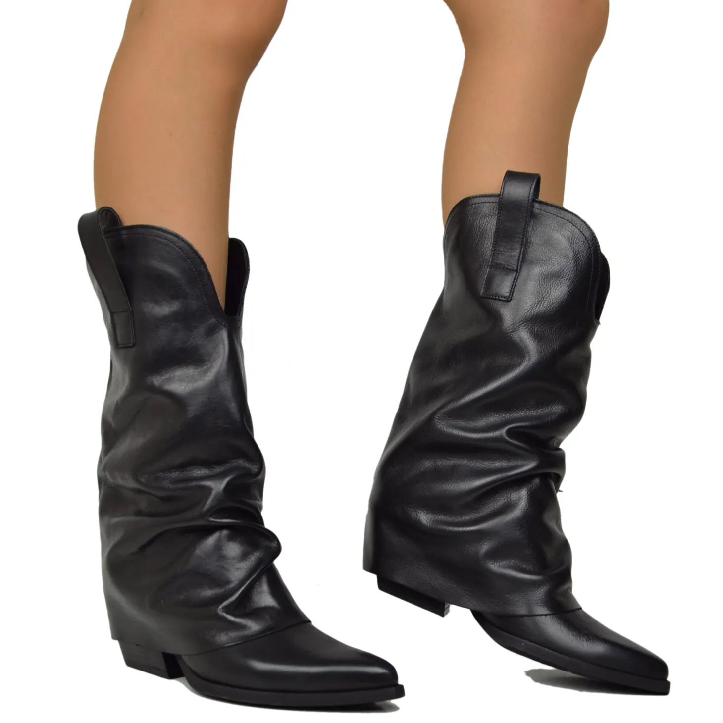 Real Leather Texan Boots Medium Shaft Black with Gaiter 7cm Heel