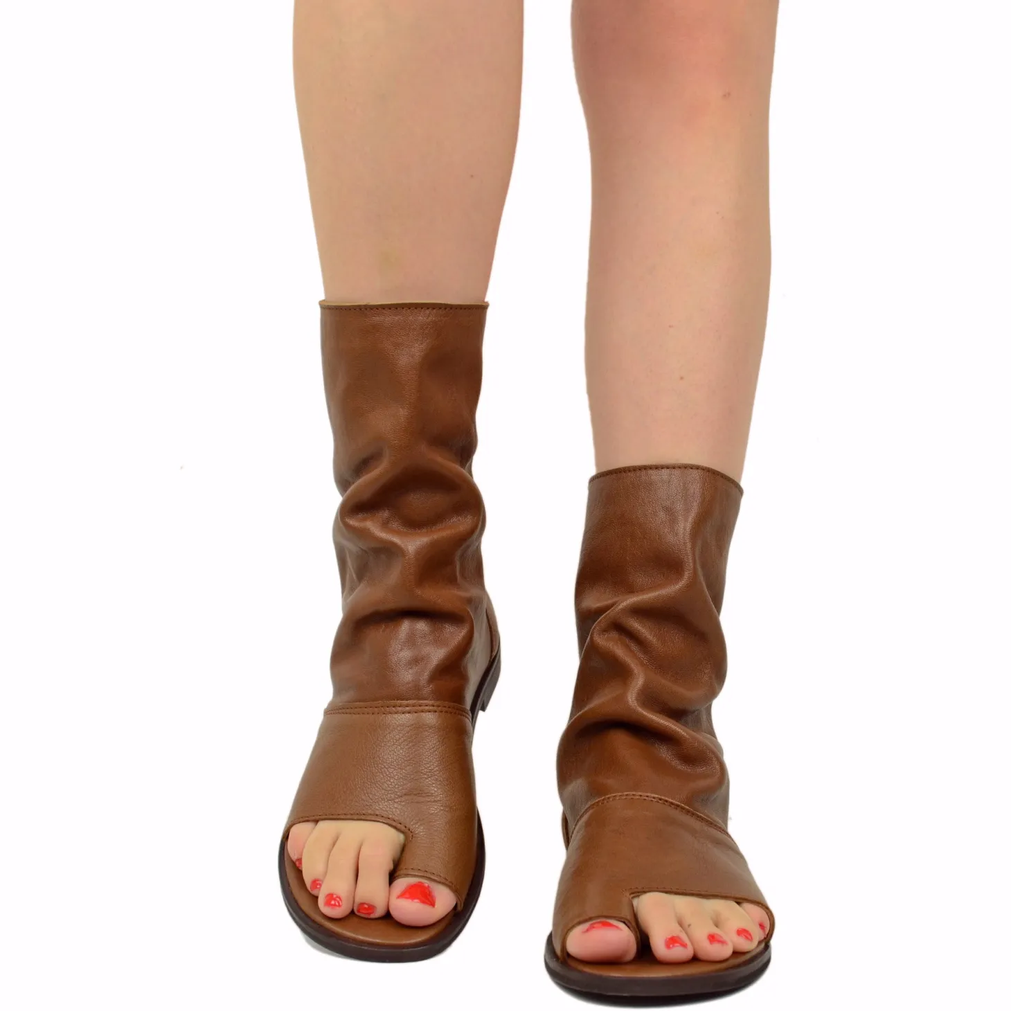 Sandali a Stivaletto Donna Sigaro Cuoio in Pelle con Zip Made in Italy