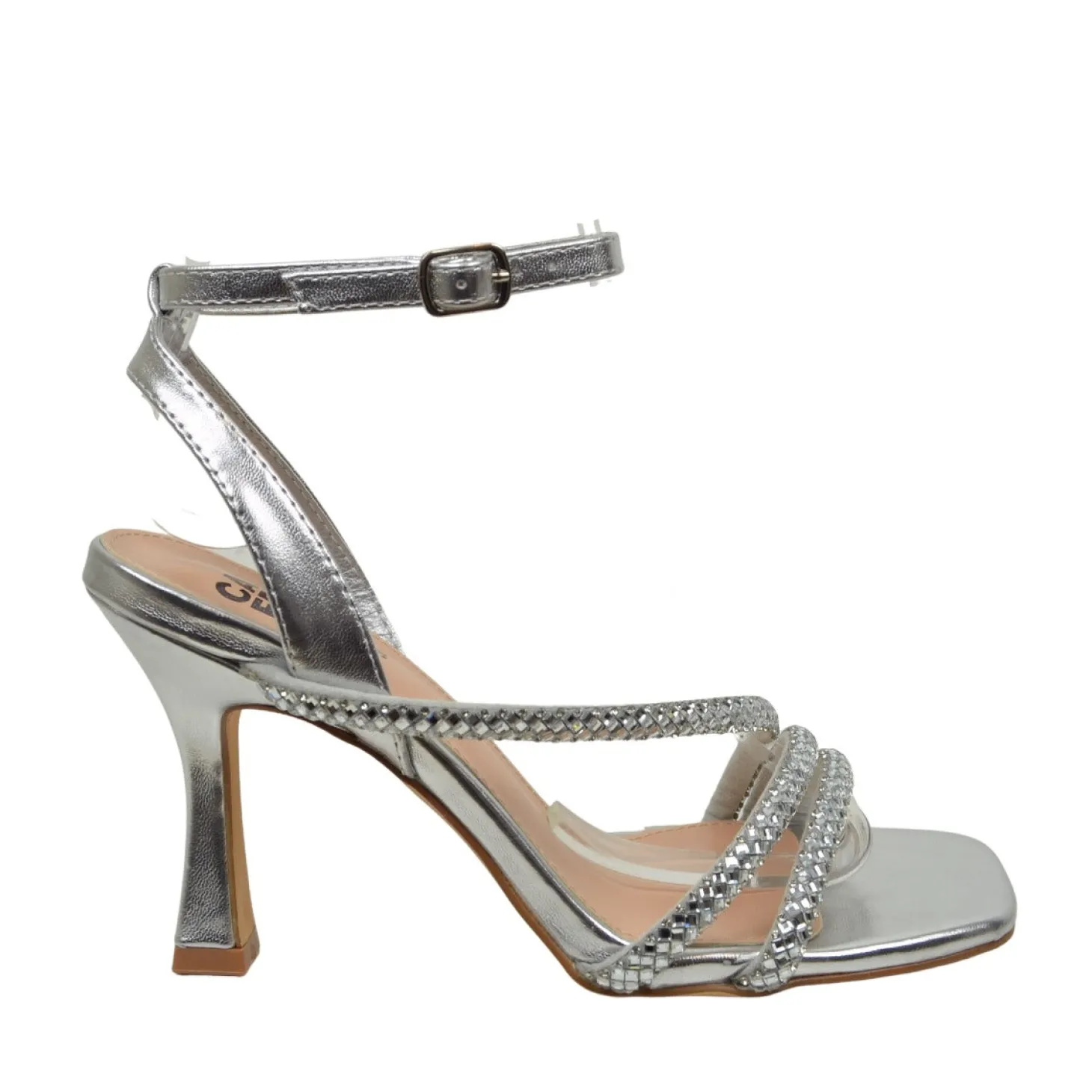 Sandali Donna Argento con Strass e Tacco Alto