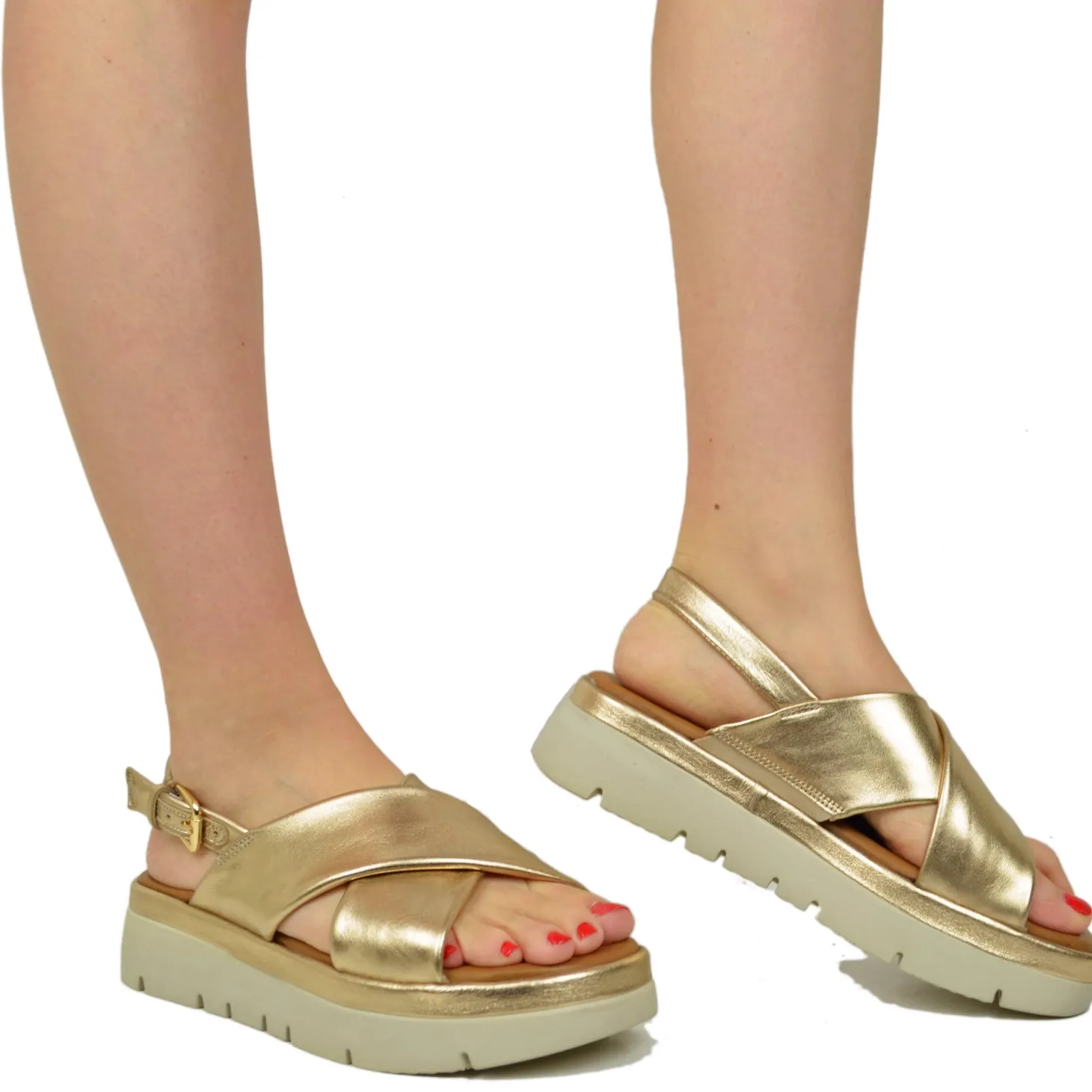 Sandali Donna Dorati con fasce incrociate e Suola in Memory Foam
