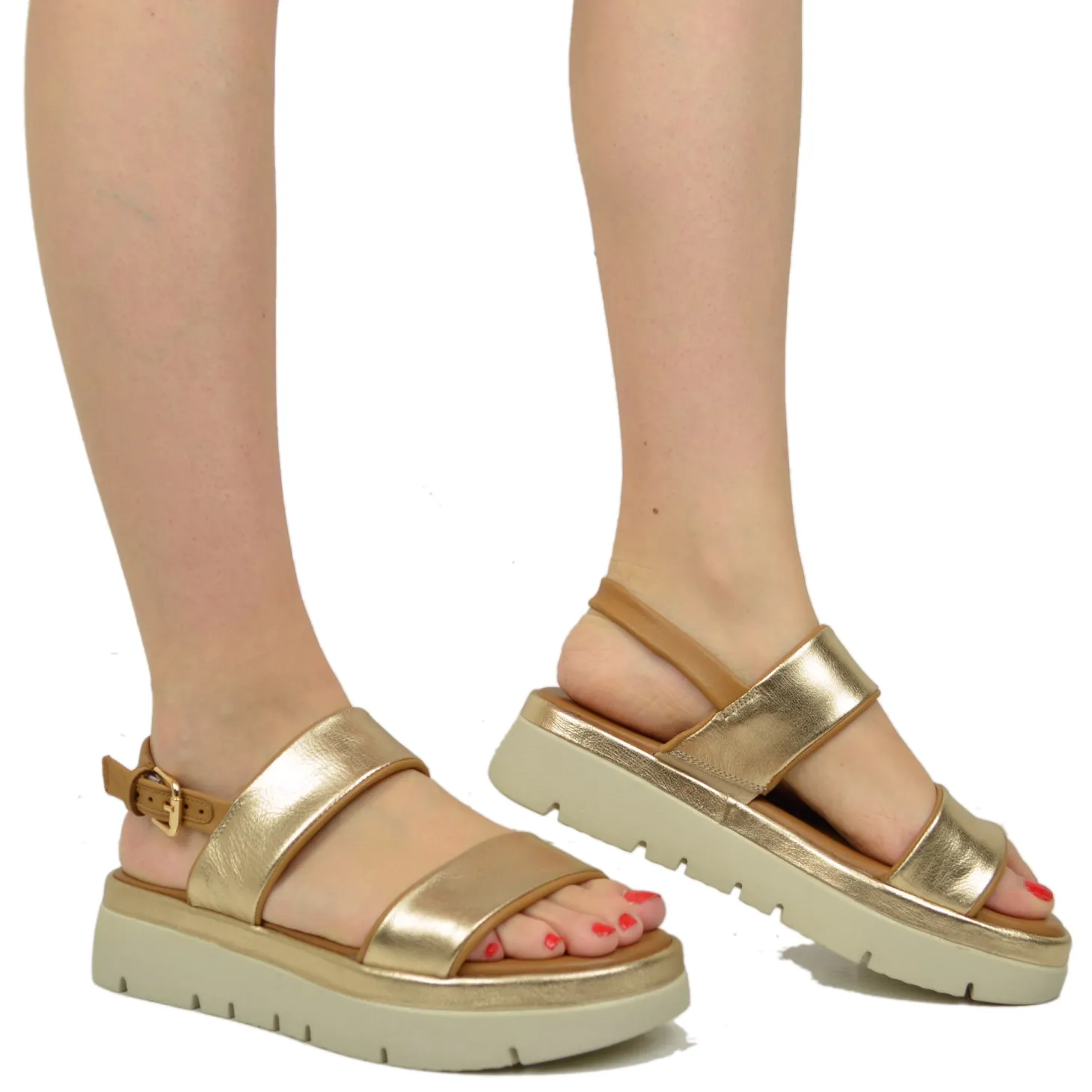Sandali Donna Dorati in Pelle con Suola in Memory Foam
