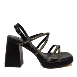 Sandali Donna Neri con Strass e Tacco Largo