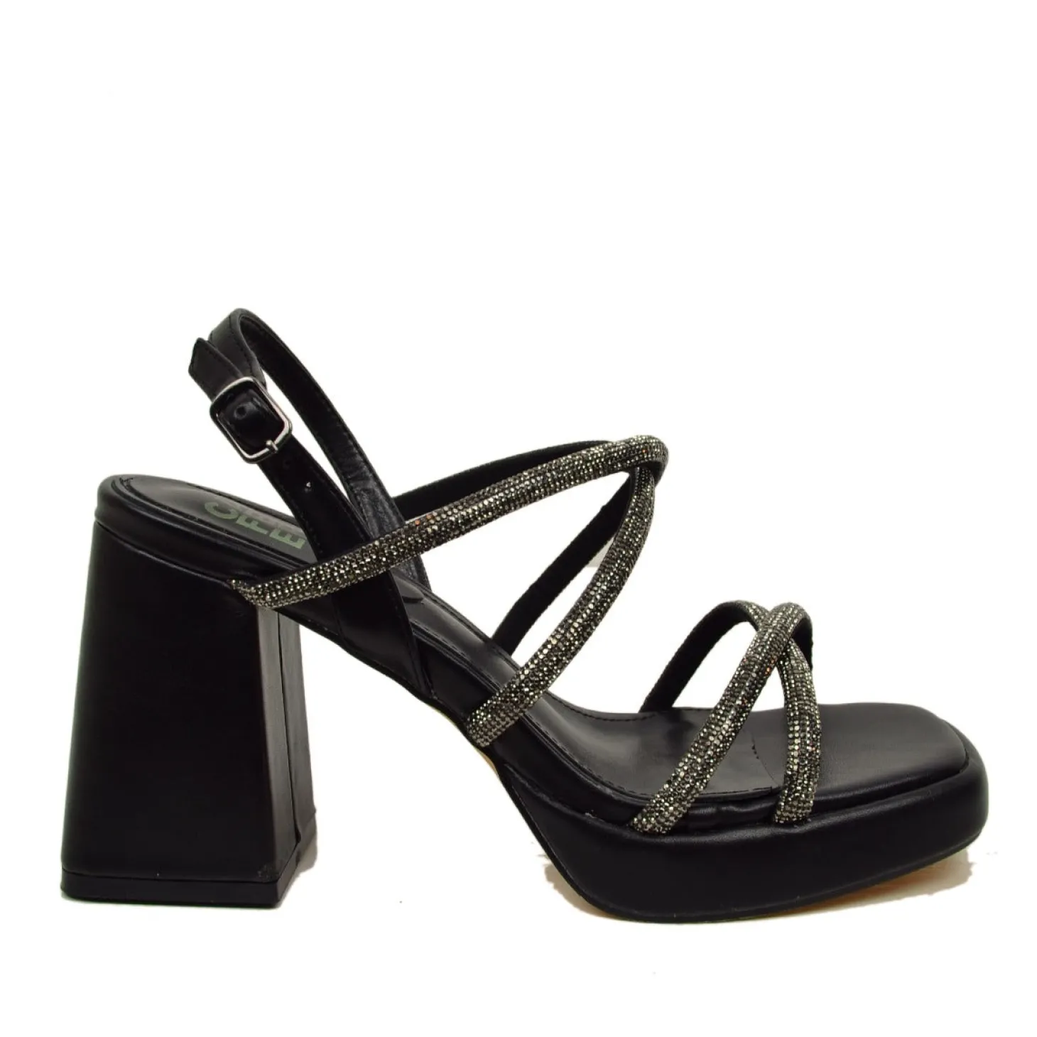 Sandali Donna Neri con Strass e Tacco Largo