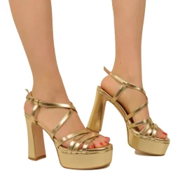 Sandali Donna Pelle color Platino con Tacco e Plateau Alto