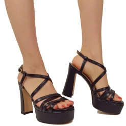 Sandali Donna Pelle Neri con Tacco e Plateau Alto Made in Italy
