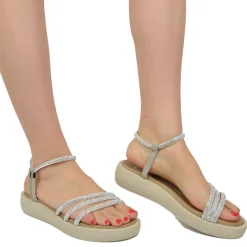 Sandali Donna Platform Argento in Pelle con Strass Made in Italy