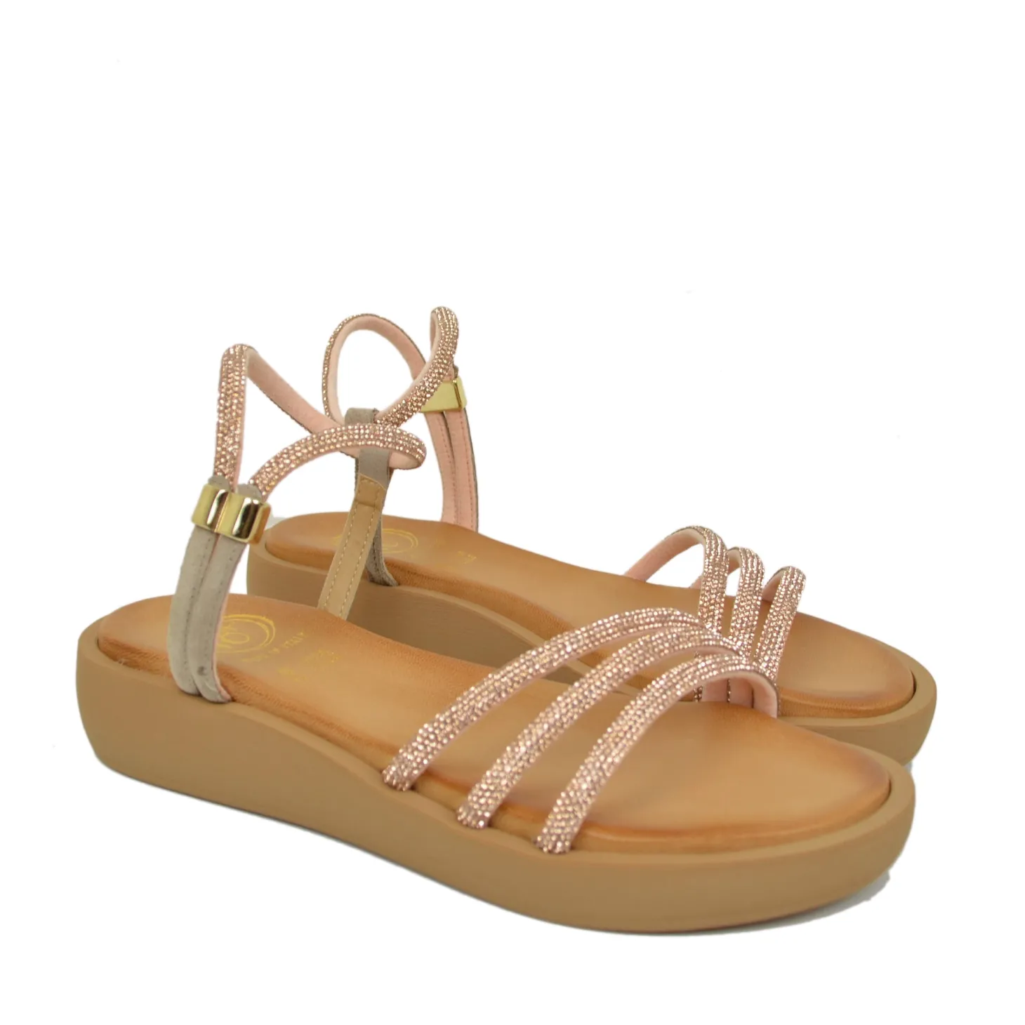 Sandali Donna Platform Cipria in Pelle con Strass Made in Italy