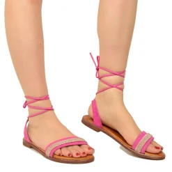 Sandali Fuxia in Pelle Scamosciata alla Schiava con Strass