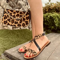 Sandali Salentini in Pelle Cavallino Leopardata con Soletta Cuoio