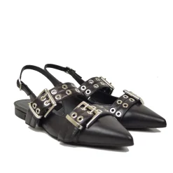 Slingback Piatte Fibbione a Punta Eleganti Vera Pelle Nera Décolletée