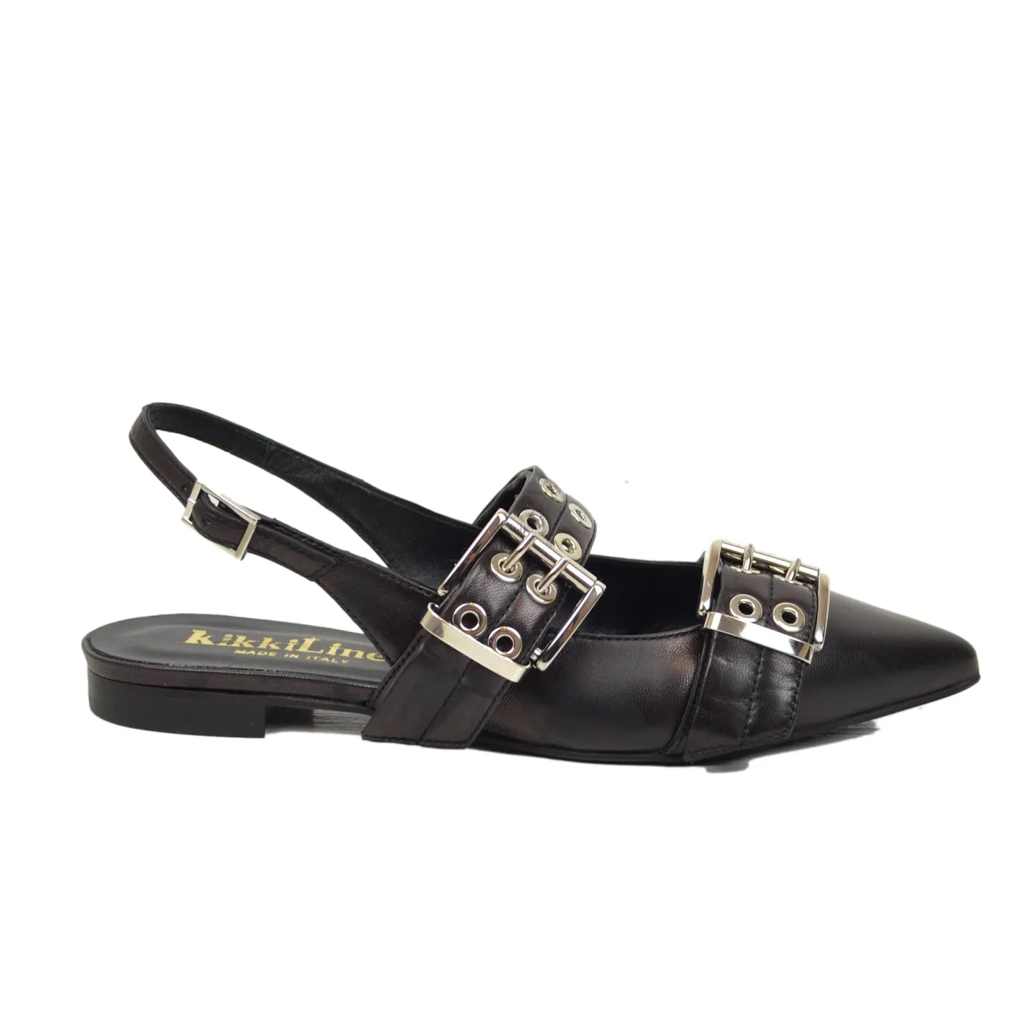 Slingback Piatte Fibbione a Punta Eleganti Vera Pelle Nera Décolletée