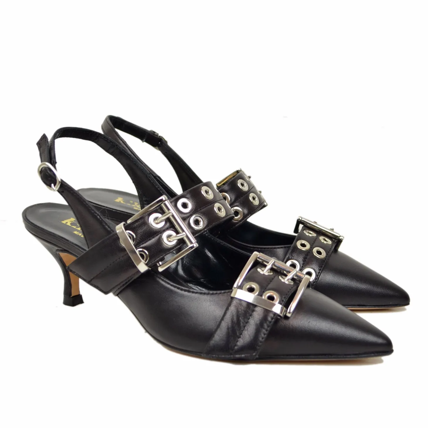 Slingback Tacco 5 cm Fibbione a Punta Eleganti Vera Pelle Nera Décolle