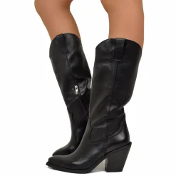 Smooth Elegant Texan High Boots in Black Genuine Leather 9 cm Heel