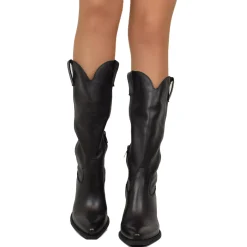 Smooth Elegant Texan High Boots in Black Genuine Leather 9 cm Heel