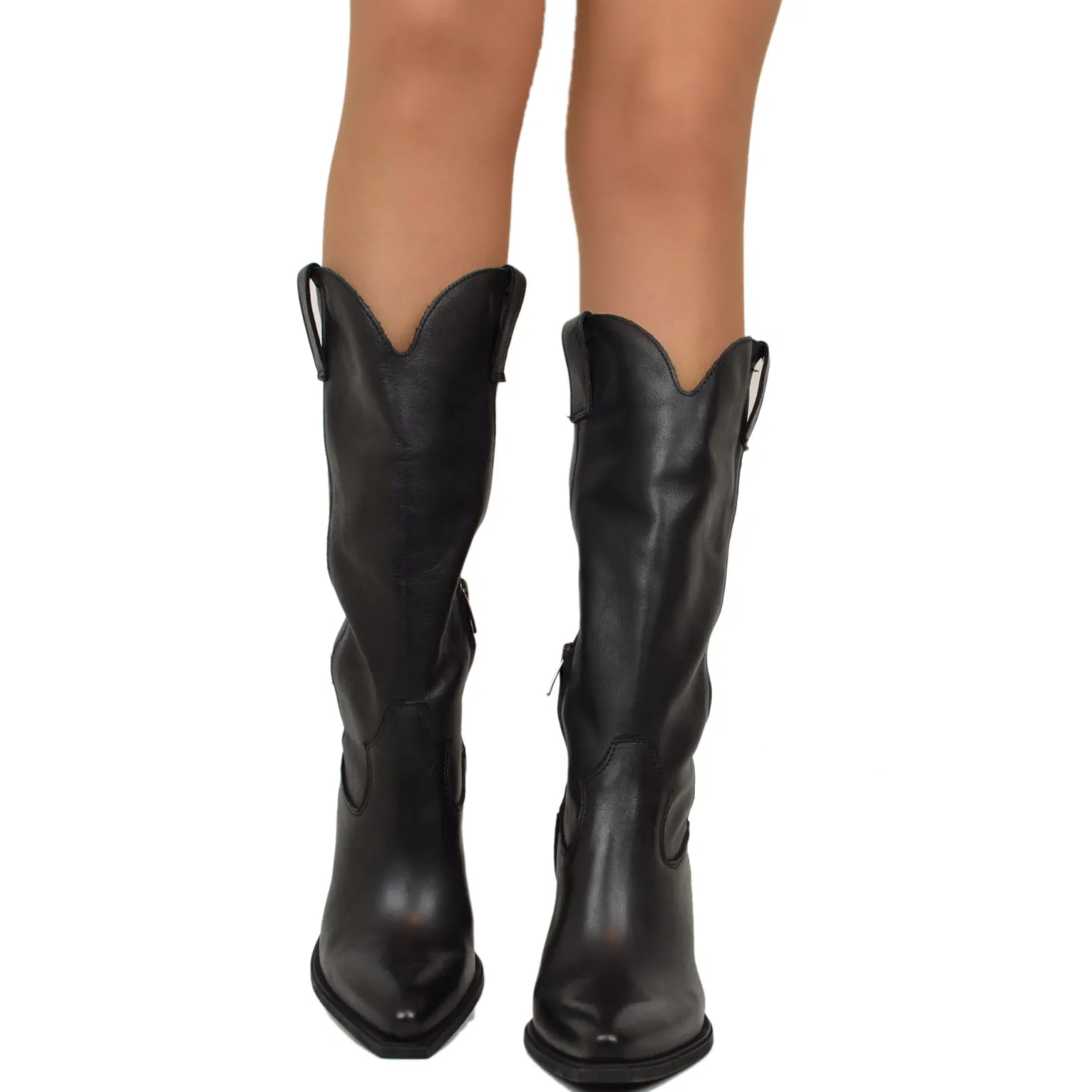Smooth Elegant Texan High Boots in Black Genuine Leather 9 cm Heel