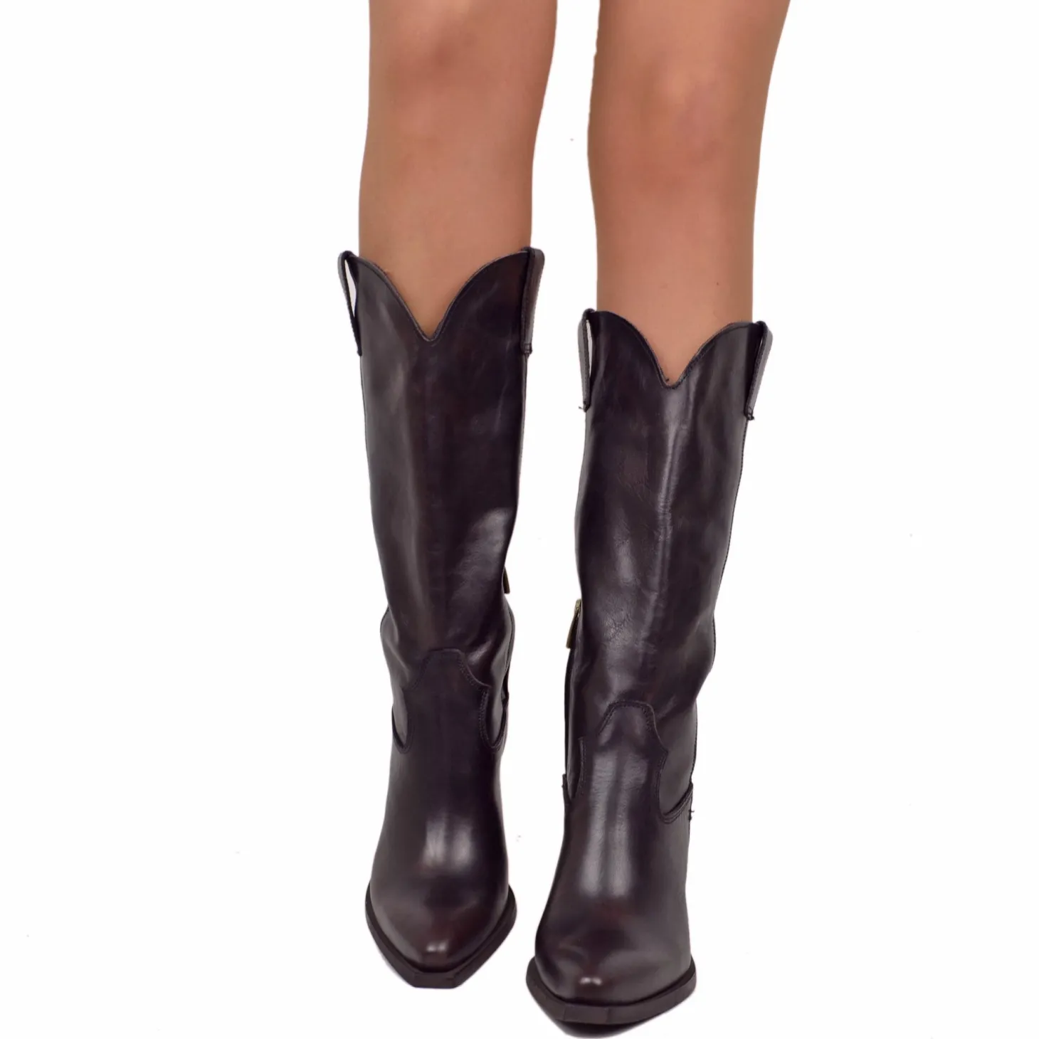 Smooth Elegant Texan High Boots in Black Genuine Leather 9 cm Heel