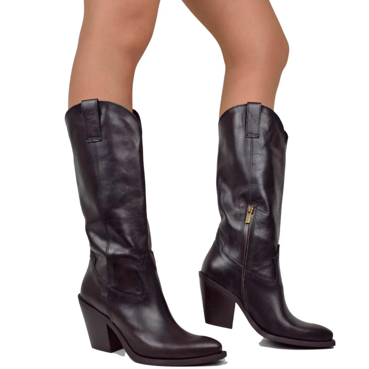 Smooth Elegant Texan High Boots in Black Genuine Leather 9 cm Heel