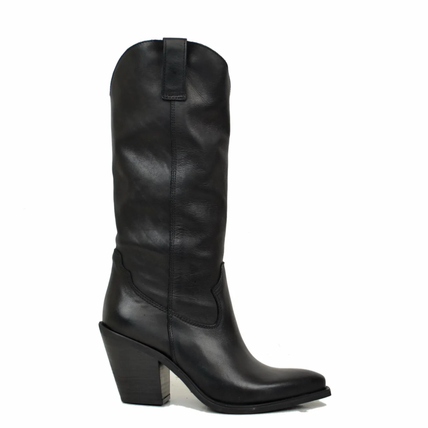 Smooth Elegant Texan High Boots in Black Genuine Leather 9 cm Heel