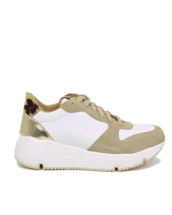 Sneakers Bianche e Beige Donna con Pelle Scamosciata animalier