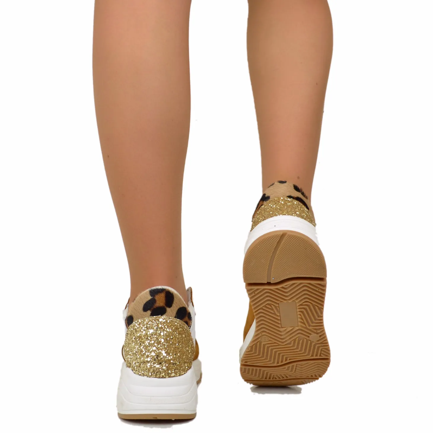 Sneakers Glitter in Pelle Scamosciata Retro Leopardato Fondo Platform