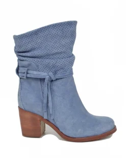 Soft Perforated Ankle Boots – Summer Suede Booties – 7 cm Heel – Denim