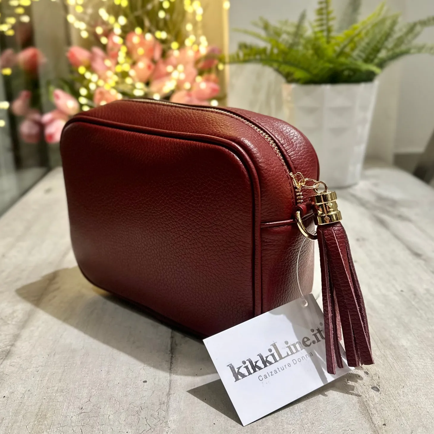 Square Bag with Tassel and Zip REAL LEATHER Bordeaux Red with shoulder