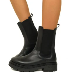 Stivaletti Beatles con Inserti Elasticizzati in Pelle Nera