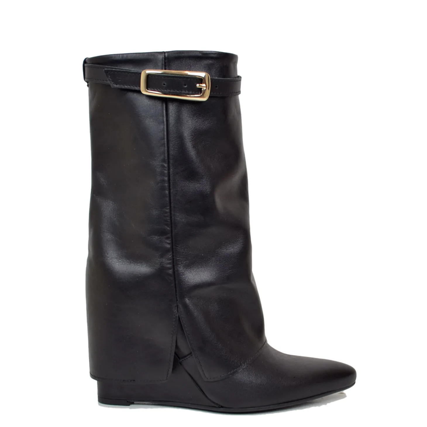 Stivaletti con Ghetta e Fibbia Dorata Zeppa Alta 9 Cm VERA PELLE