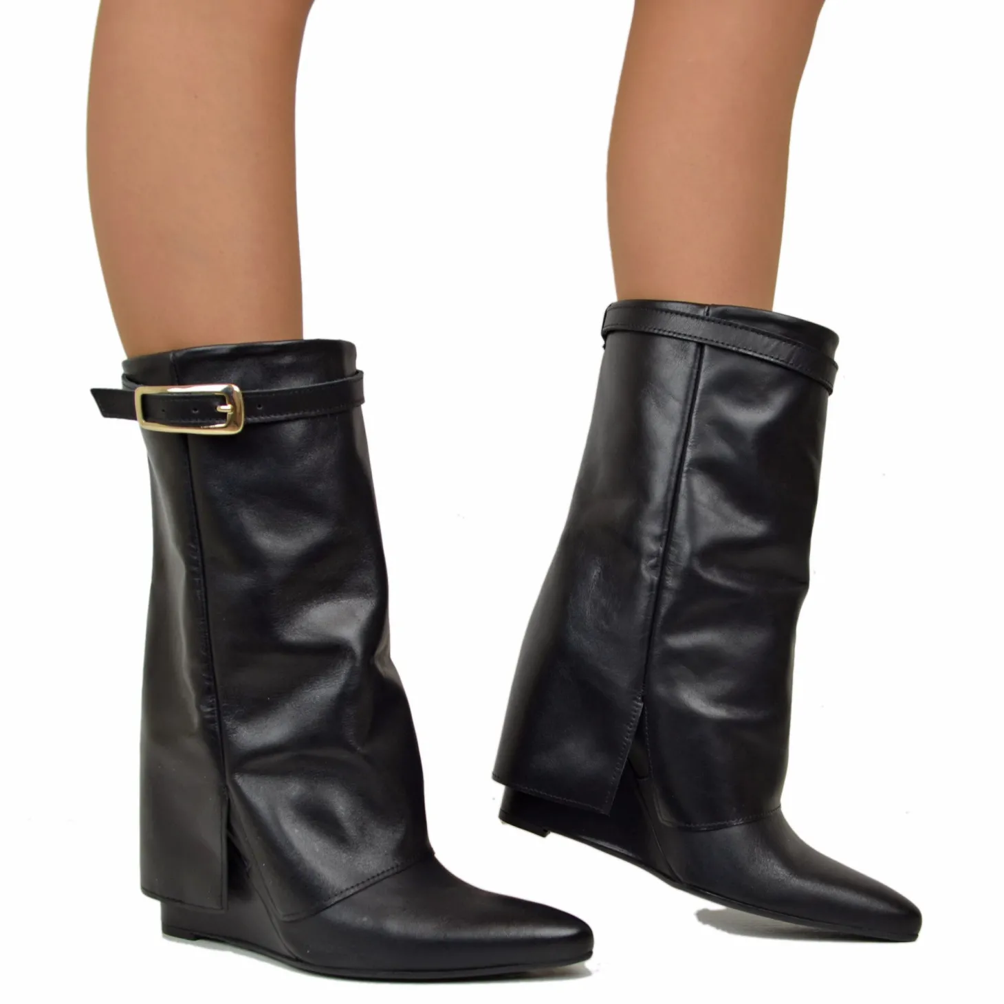 Stivaletti con Ghetta e Fibbia Dorata Zeppa Alta 9 Cm VERA PELLE