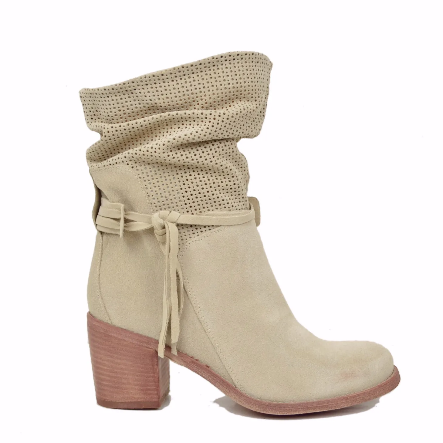 Stivaletti Donna Estivi in Pelle Beige Scamosciati Traforati
