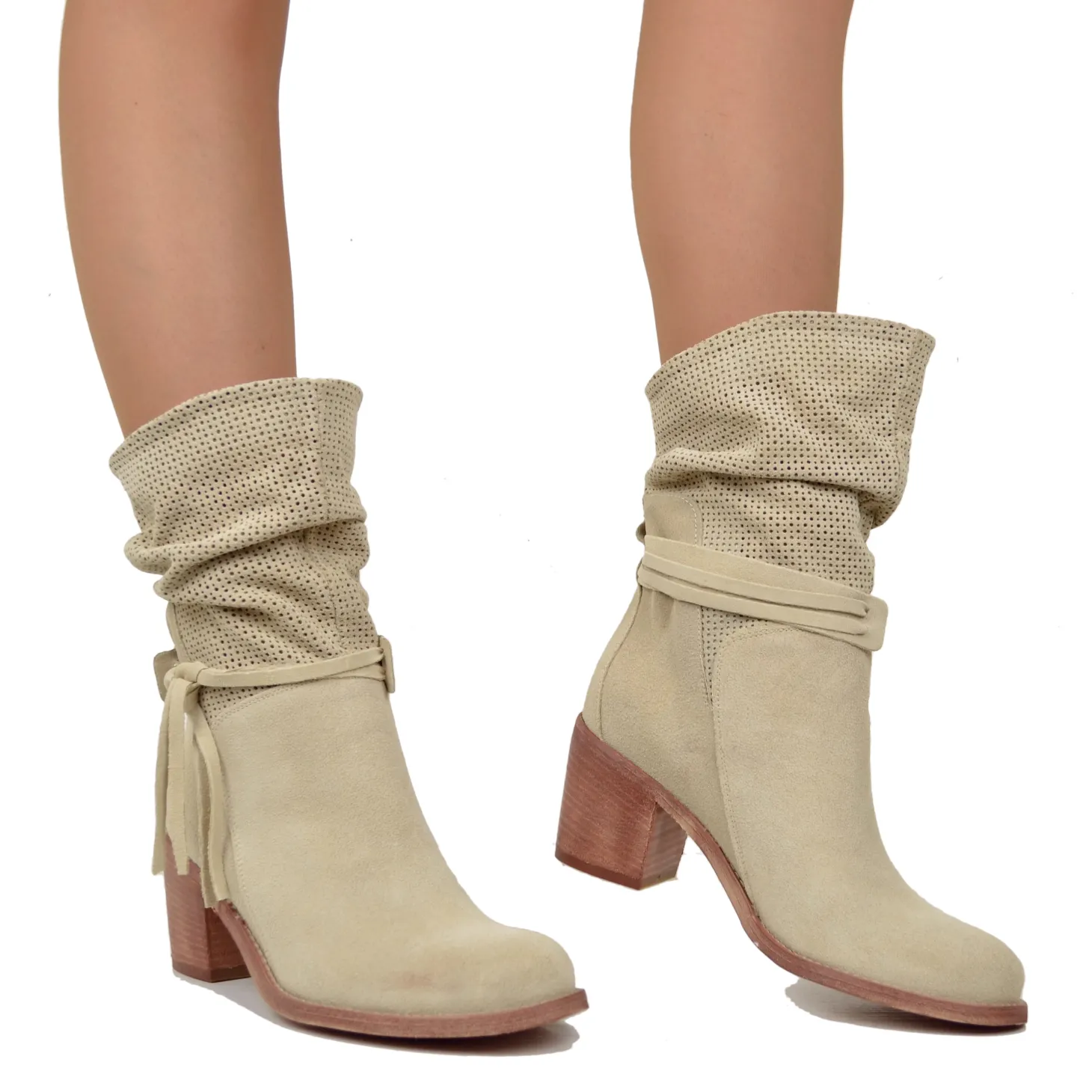 Stivaletti Donna Estivi in Pelle Beige Scamosciati Traforati