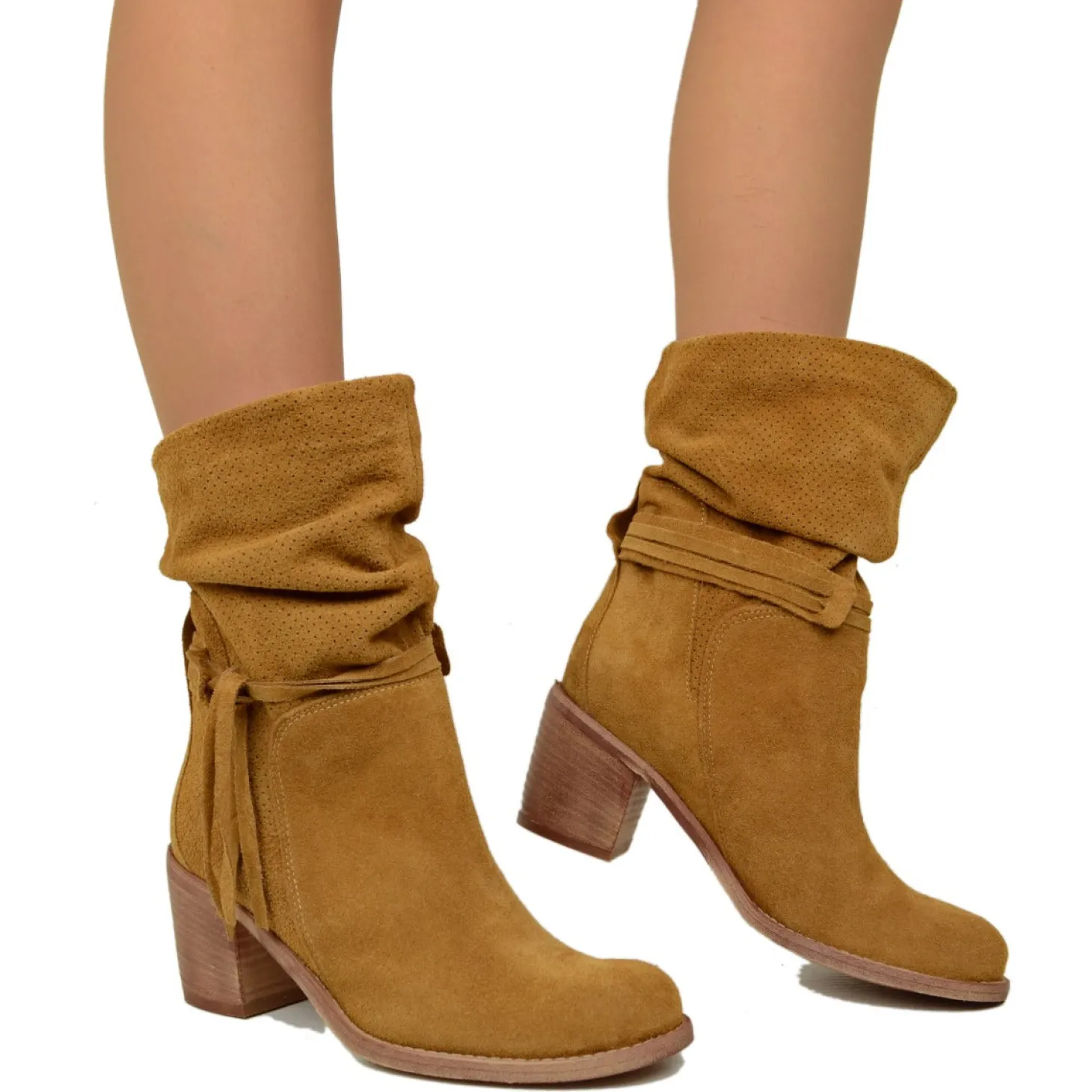Stivaletti Donna in Pelle Cuoio Scamosciati Traforati Made in Italy