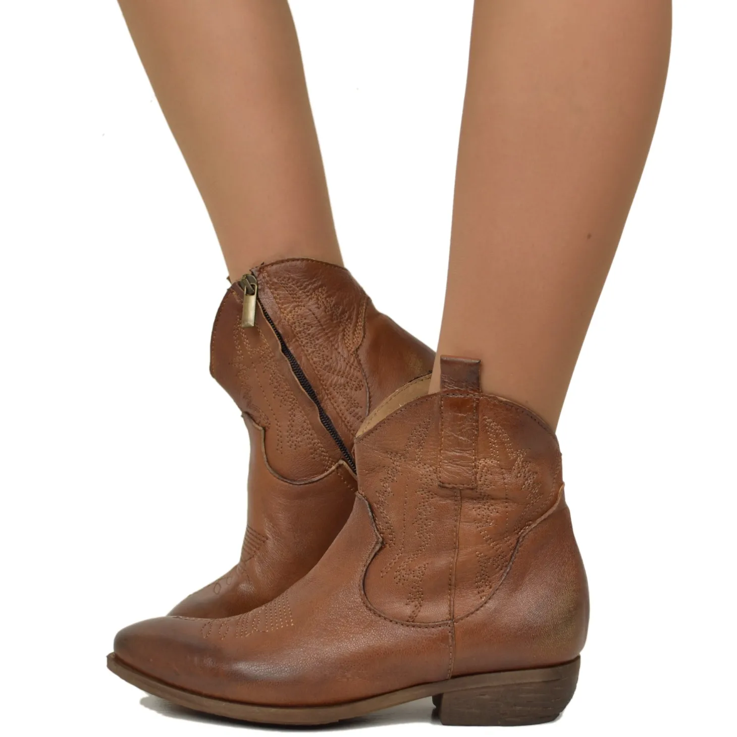 Stivaletti Texani Donna con Zip in Pelle Marrone Vintage